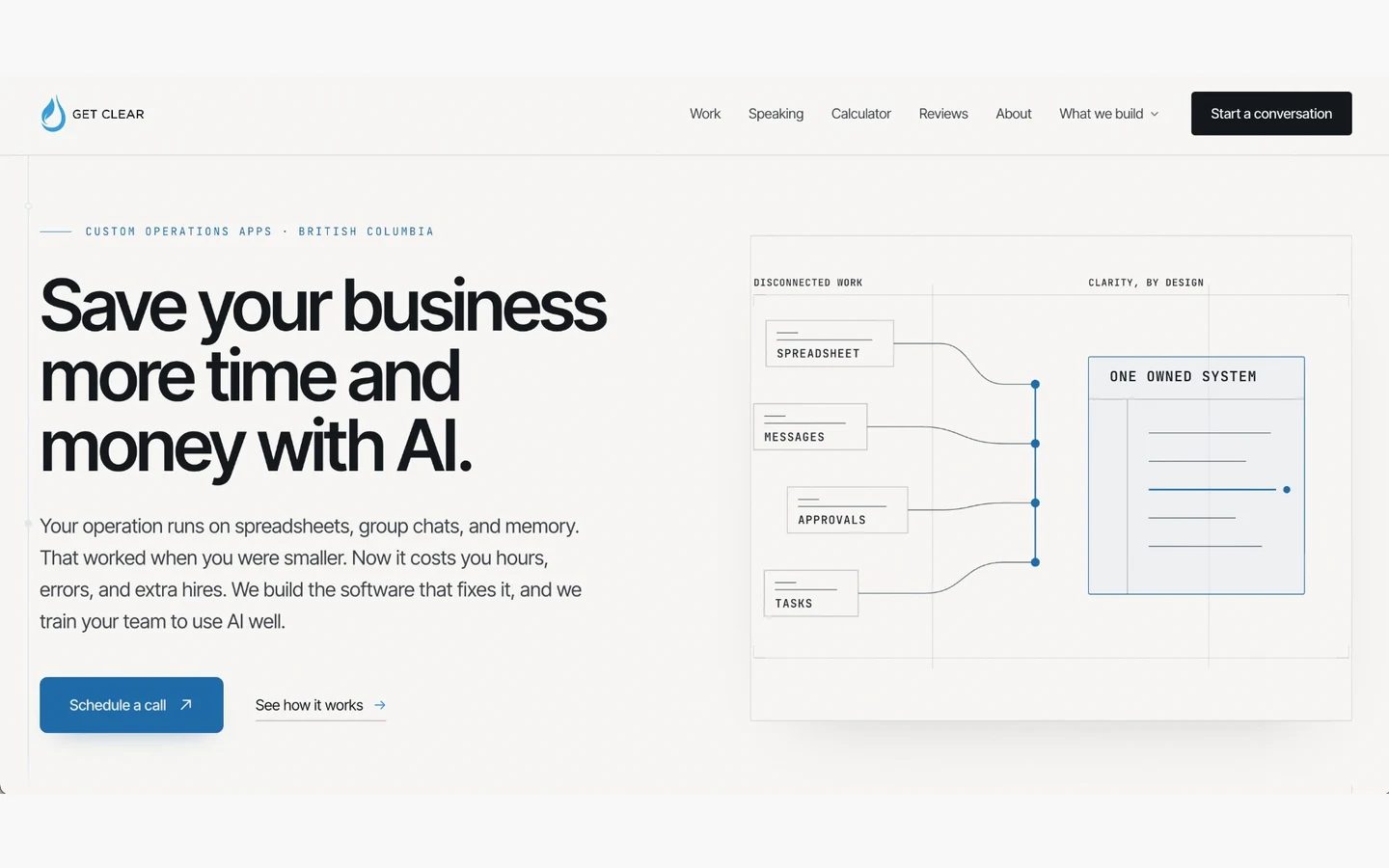Get Clear website showing its custom operations software and AI services.